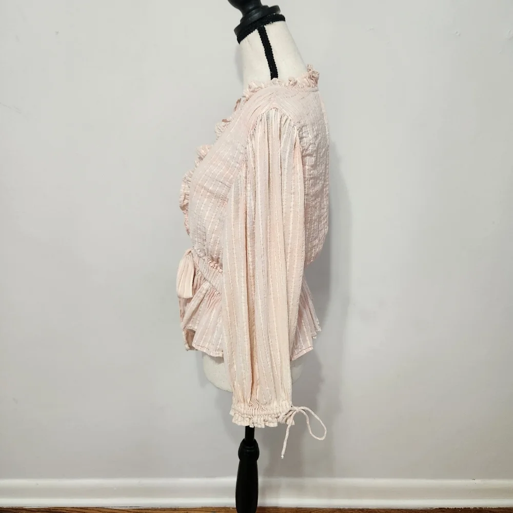 Cleobella Revolve Pink Cloud Cropped Ruffle Tie Front Top Shirt Puff Sleeve - Picture 4 of 13